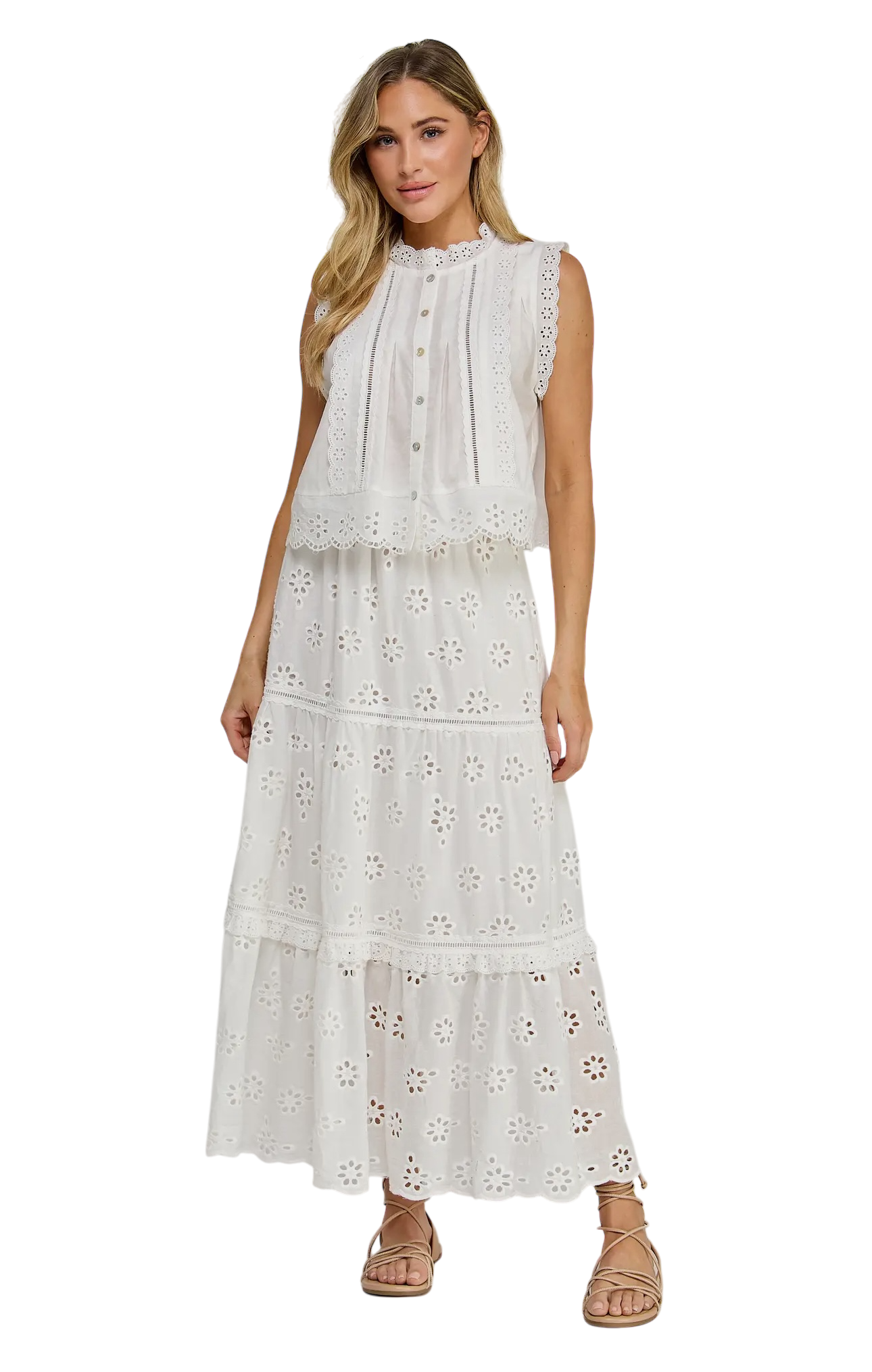 Ruffle Eyelet Maxi Skirt