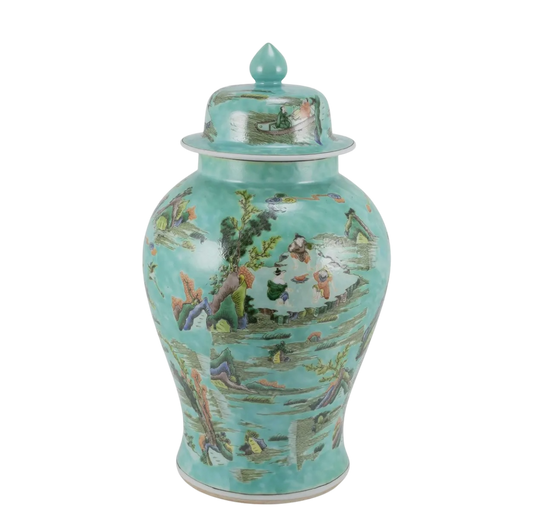 Chinoiserie Green Landscape Temple Jar