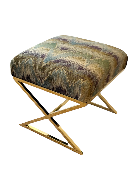 Brass X Ottoman in Schumacher Carpenter Flamestitch (Moss)