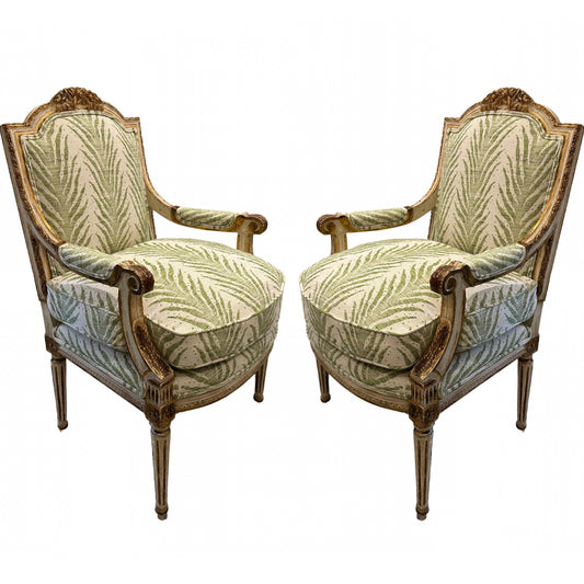 Pair of Louis XVI Armchairs in Schumacher Creeping Fern