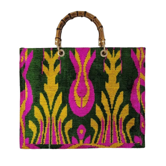 Silk Velvet Bamboo Handle Tote in Green Pink Tulip