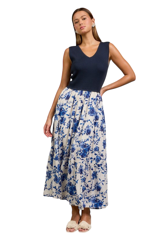 Blue Floral Mixed Media Midi