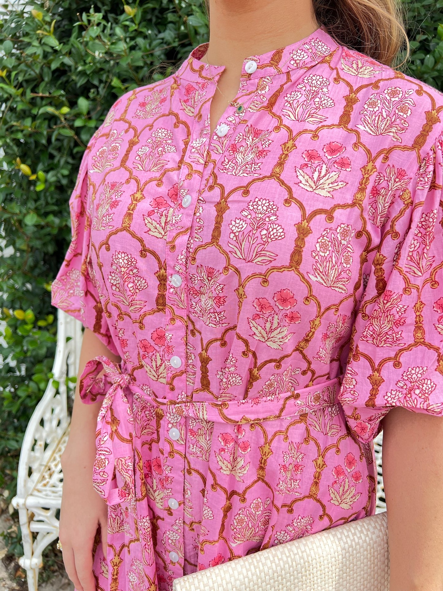 Meg Midi in Pink Floral Fretwork