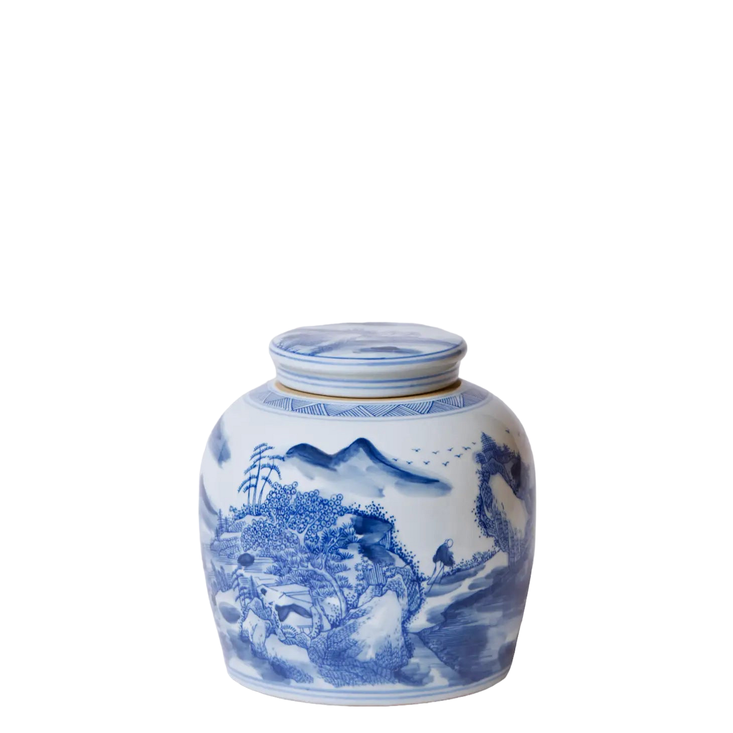 Willow Ware Blue and White Porcelain Round Storage Jar