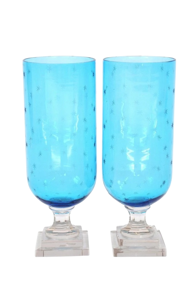 Pair of Star Etched Glass Hurricanes