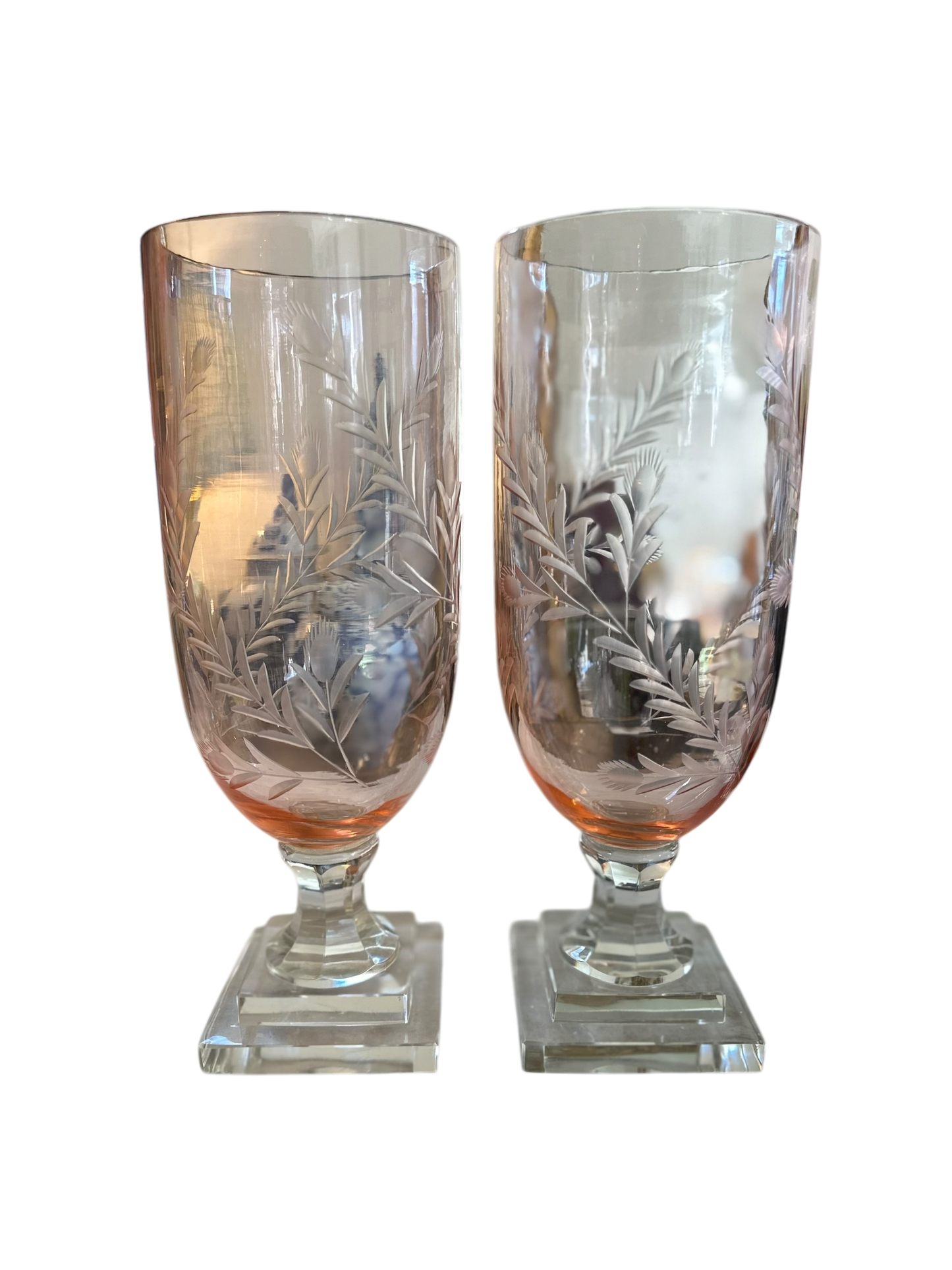 Pair of Vine Etched Glass Hurricanes in Rose