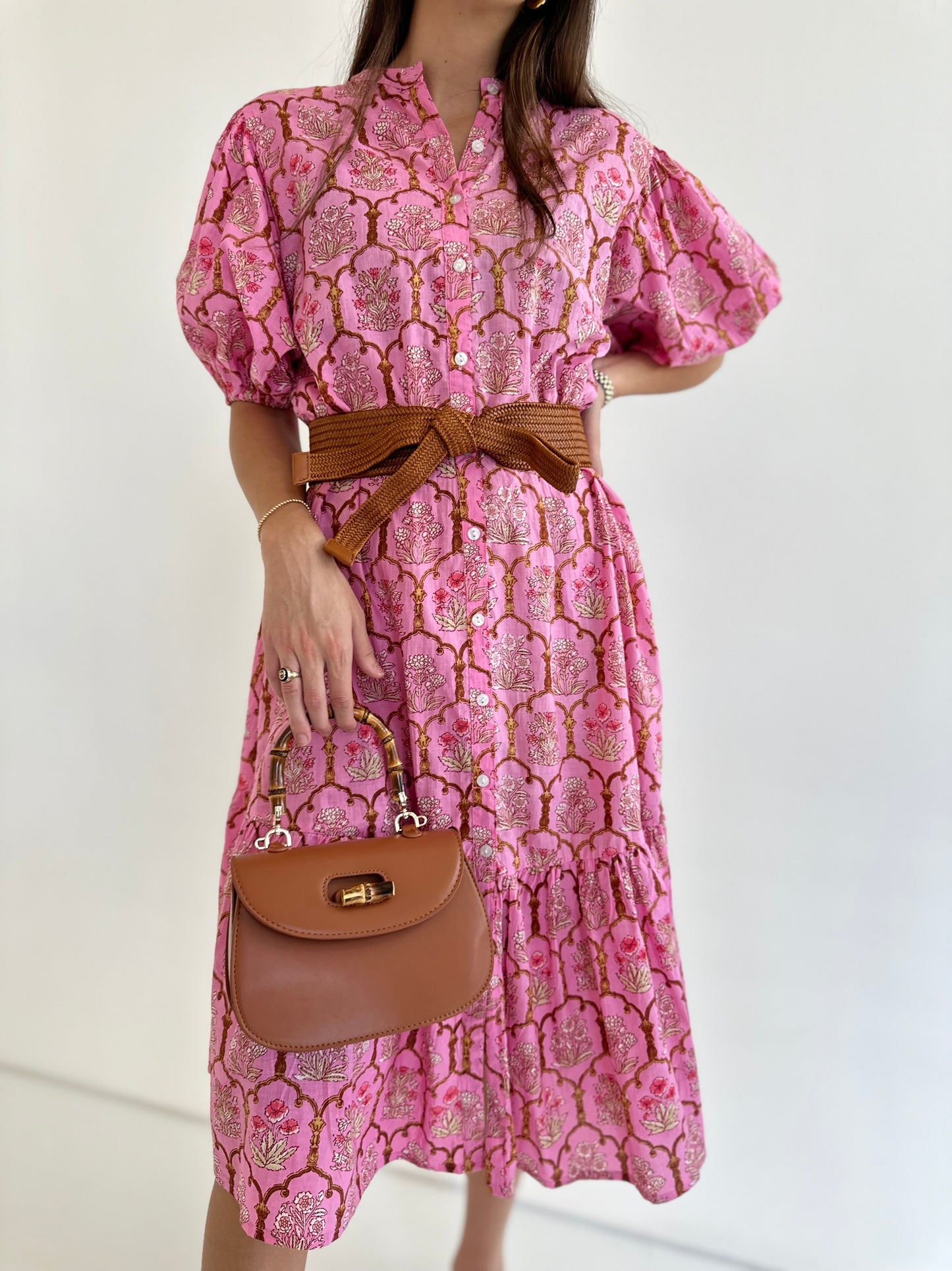 Meg Midi in Pink Floral Fretwork