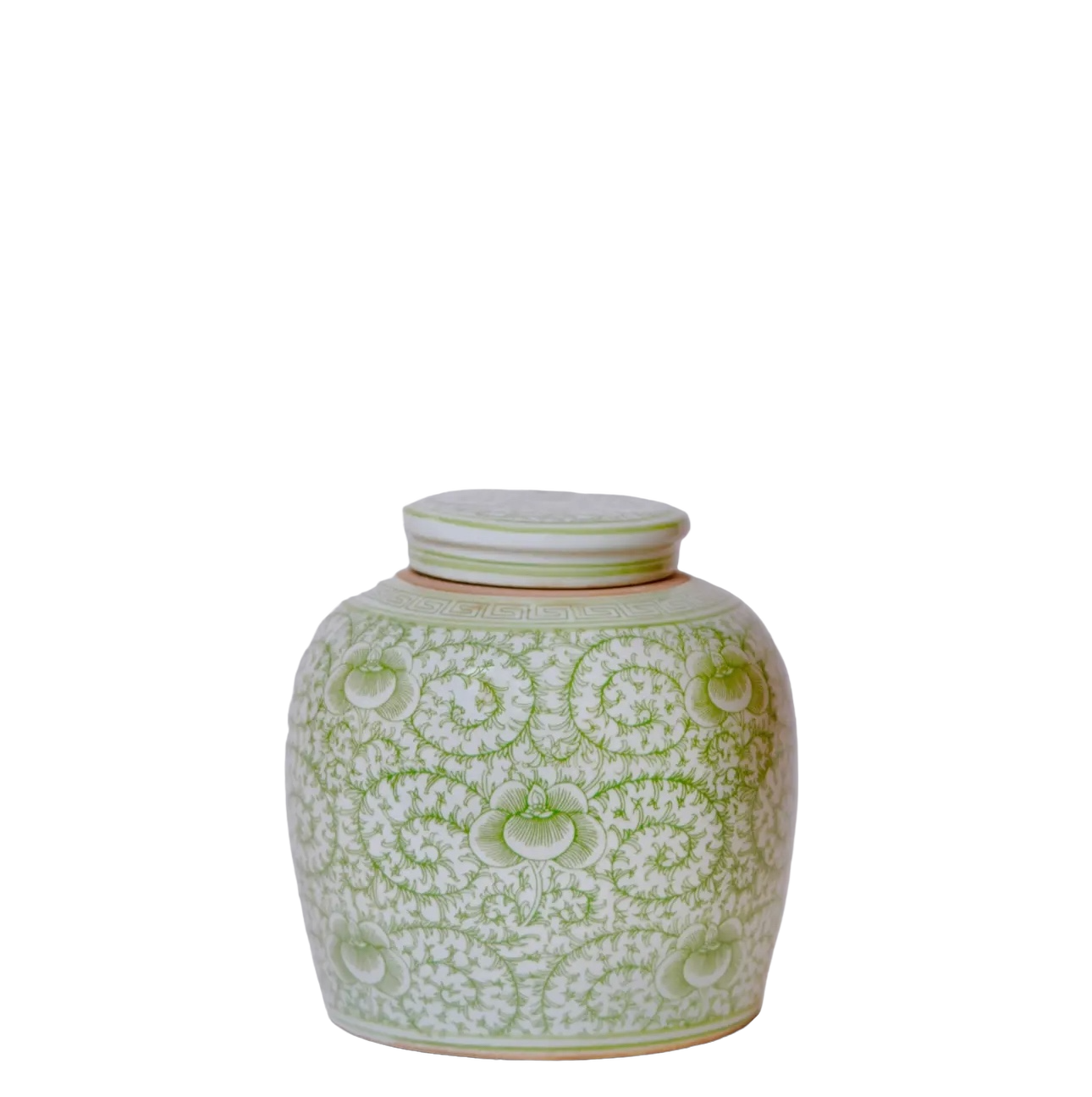 Scrolling Peony Green & White Lidded Jar