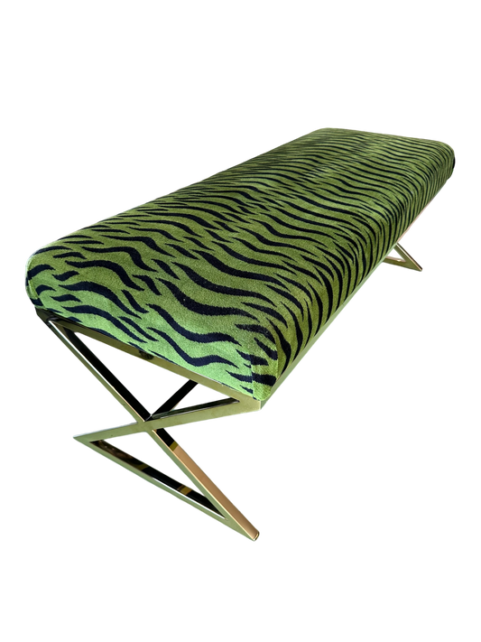 Brass X Bench in Schumacher Sabi Tiger Velvet (Moss)