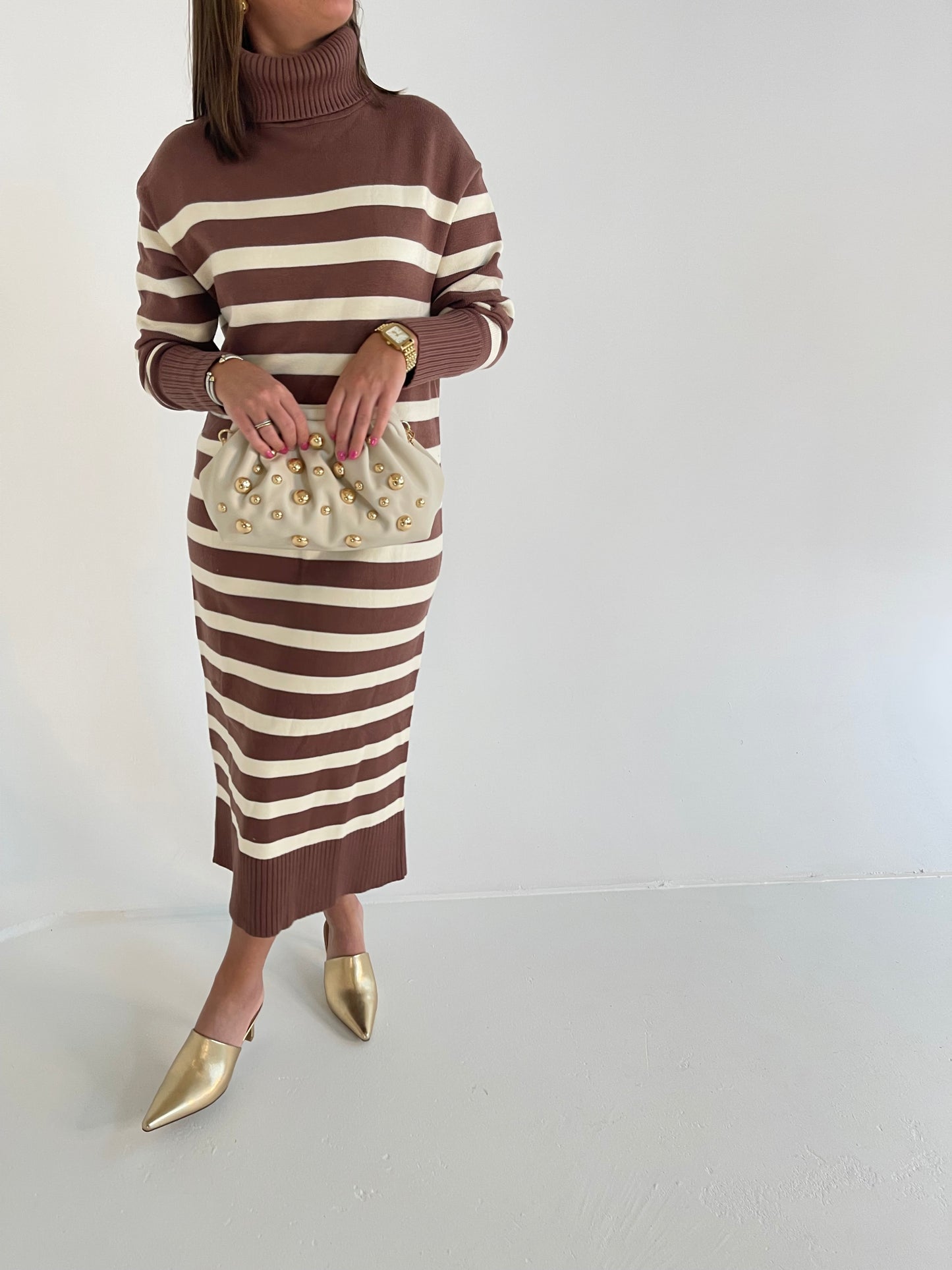 Stripe Sweater Dress in Brown