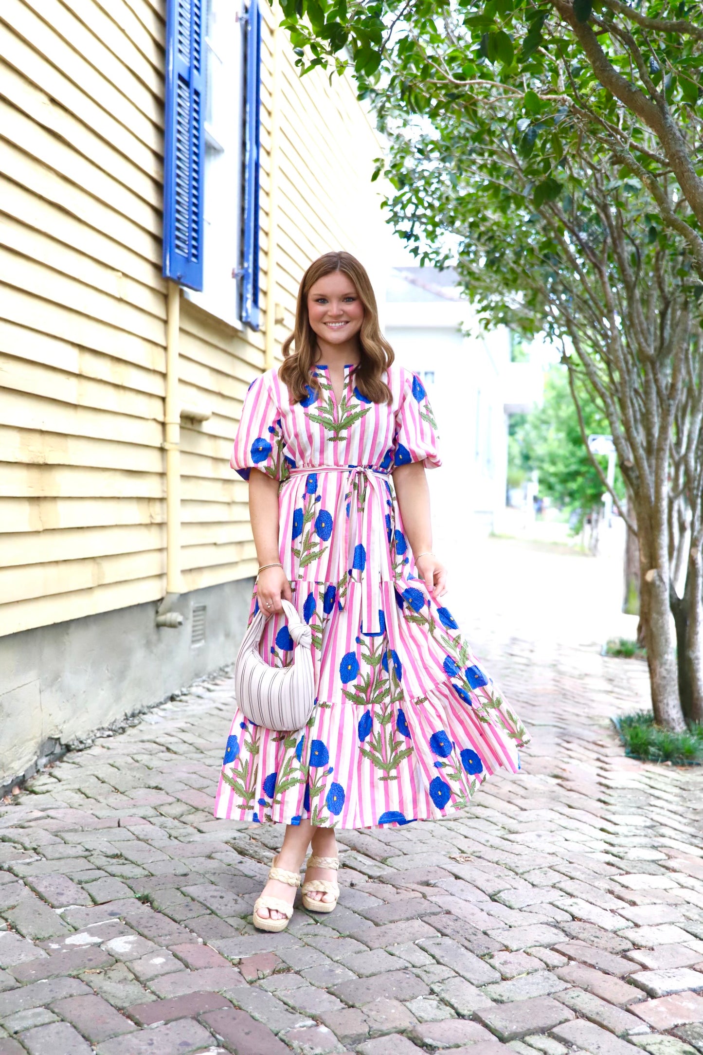 Pink Stripes Block Print Midi